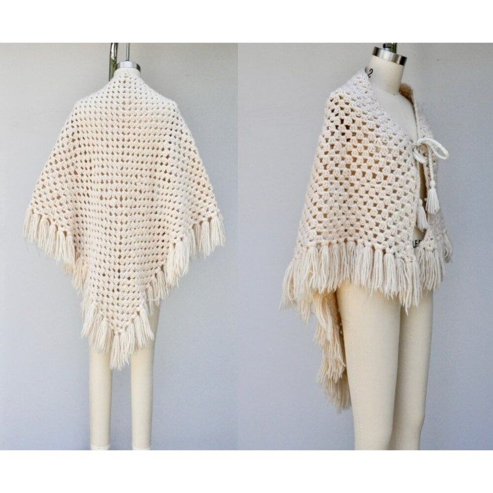 Vintage Ivory Wool Poncho Shawl Throw Cloak - Hand Knitted Wool Poncho Shawl